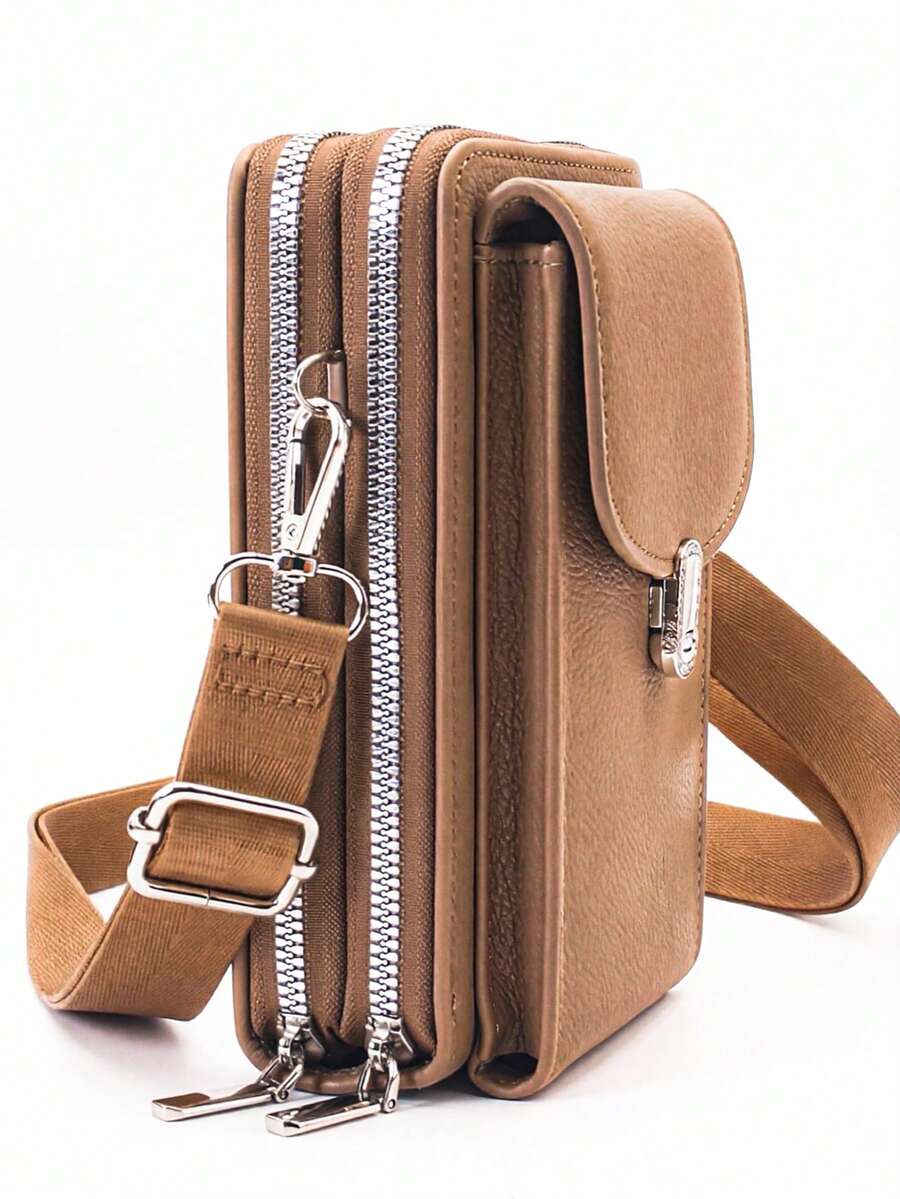 New Crossbody Bag, Multi-Functional Large Capacity Double Zipper Phone Wallet, Fashionable Minimalist Yet Delicate, Suitable For Casual, Vacation, And Dates - Brown - View 1