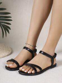 Women's Minimalist V-Shape Glossy Elastic Strap Flat Sandals, Commuting Casual Style, Spring/Summer Versatile Open Toe One-Strap Sandals - Black - View 6