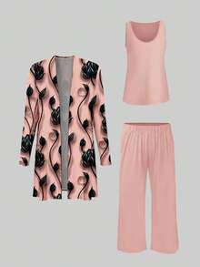 Plus Size Women's Fashionable Printed Elegant Tank Top & Pants & Coat 3 Pieces Set Pink Spring Summer - Pink - View 3