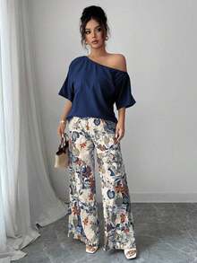 VCAY 2pcs Women Summer Casual Solid Color Asymmetrical Shoulder Top And Floral Print Pants Set - Xanh đậm - Xem 5