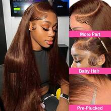 13x4 巧克力棕色直发蕾丝前假发，真人发混纺，13x4 透明蕾丝前假发，180% 密度，棕色长直发，预拔发际线（混纺假发 - 真人发和合成纤维混合）真人发混纺假发/女士真人发混纺假发/真人发混纺蕾丝前假发/无胶假发/漂白发结/预拔发/蕾丝假发/提升您的造型/增强自信/完美礼物 - S4 - 查看 5