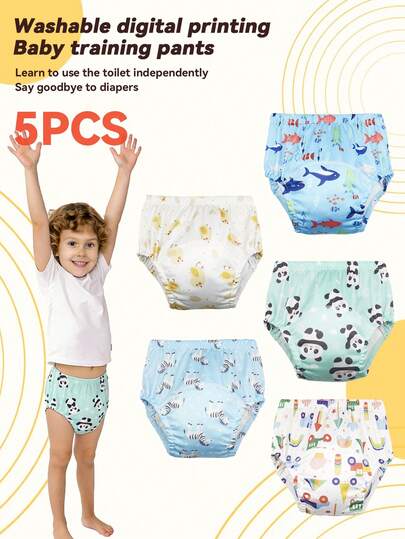 5条装婴儿可重复使用印花如厕训练裤，可水洗尿布内裤，适合幼儿男女宝宝