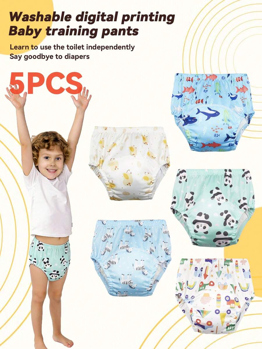 5pcs Baby Reusable Printed Potty Training Pants, Washable Diaper Underwear For Toddler Boys & Girls - Green Panda - View 1