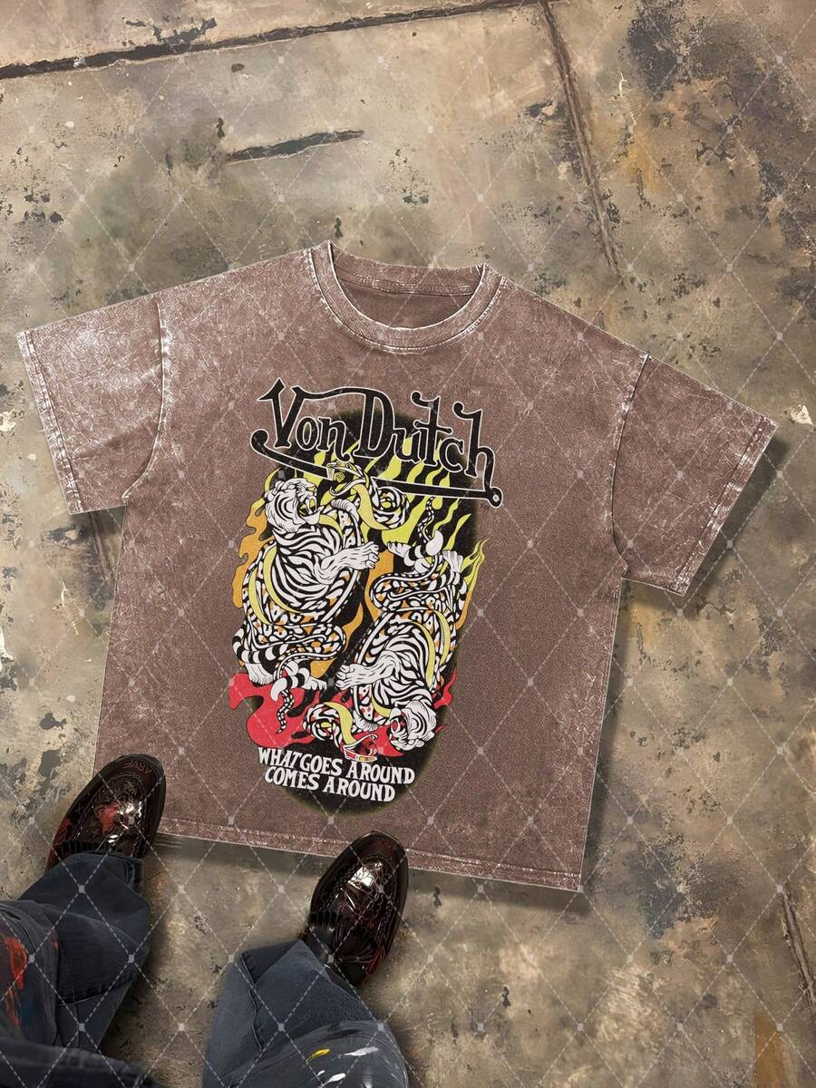 Van Dutch Tiger Flame What Goes Around Graphic Men's 230g Combed Washed Cotton T-Shirt, Street Short-Sleeve Top, Japanese Tattoo Retro Style Apparel, Spring Summer Crew Neck Top, Suitable For Summer Daily Casual Wear - Cà phê nâu - Xem 1