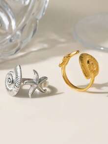 1pc Women's Ocean Series Golden Starfish & Shell Stainless Steel Adjustable Open Ring, Suitable For Beach, Daily Wear, Gift - Ring - View 2
