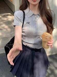 夏季新款 Polo 领针织毛衣，短袖 T 恤，女士套头衫 - 灰色 - 查看 1