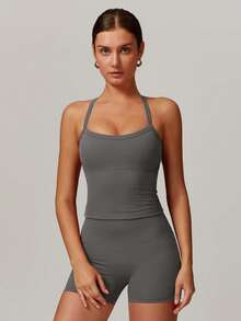 MASKERT "2-Piece Set"Spring And Summer Women's Sports Suit Vest Fitness Suit Tight Running Suit High Stretch Fitness Yoga Suit Home Casual Comfortable Skin Friendly - 燧石 - 查看 5