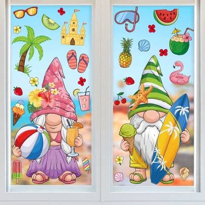 2 יחידות מדבקות חלון גמד חוף קיץ - מדבקות חלון זכוכית גמד טרופי לשימוש חוזר עם גלשן, עצי דקל, פלמינגו בנושא חוף לבית, חדר אמבטיה, בית חוף, מסיבת קיץ