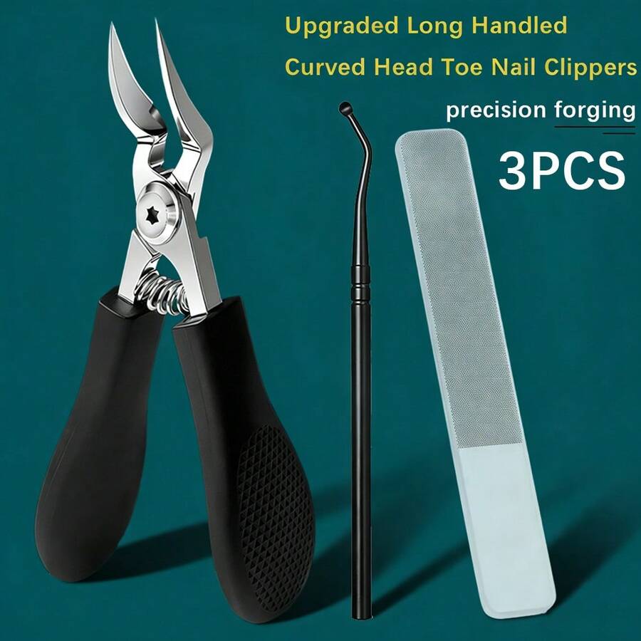 Upgraded Stainless Steel Wide Mouth Anti-Splash Nail Clipper Set, 1/3 Pcs, Long Handle Angled Nail Clippers, Suitable For Ingrown And Thick Nails, Foot Care, Unisex Pedicure - Black - View 1
