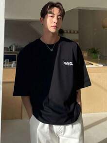 Camiseta De Verano Para Hombre Con Letras Impresas - Negro - Ver 1