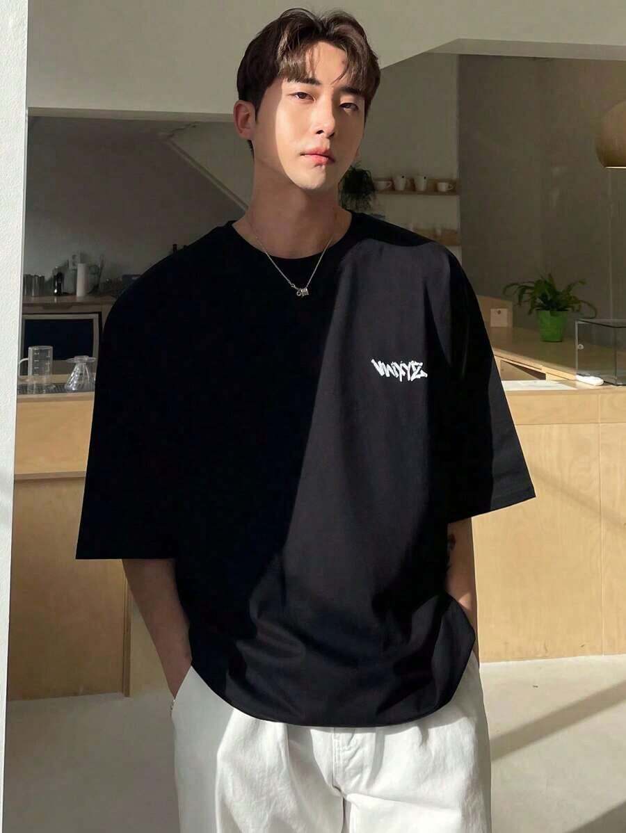 Camiseta De Verano Para Hombre Con Letras Impresas - Negro - Ver 1
