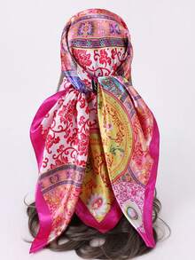1pc 90cm Fashionable Printed Scarf, Faux Silk Neckerchief, Versatile Headband, Gift - Multicolor - View 4