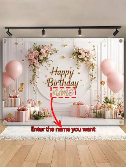 Elegant Rose Gold Floral Happy Birthday Banner With Customizable Name - Polyester, Reusable Without Power Supply, Suitable For Photo Booth Photo Props, Decorative Backdrops, Indoor And Outdoor Celebrations, Versatile Party Decorations For All Occasions, Three Sizes To Choose From!, Multi-Functional, Ornamental, Letter, Stylish, Modern, Colorful, Cute, Adorable, Casual, Custom, Personalised, Unique, Customized, Ideal Gifts For Him, Ideal Gifts For Her