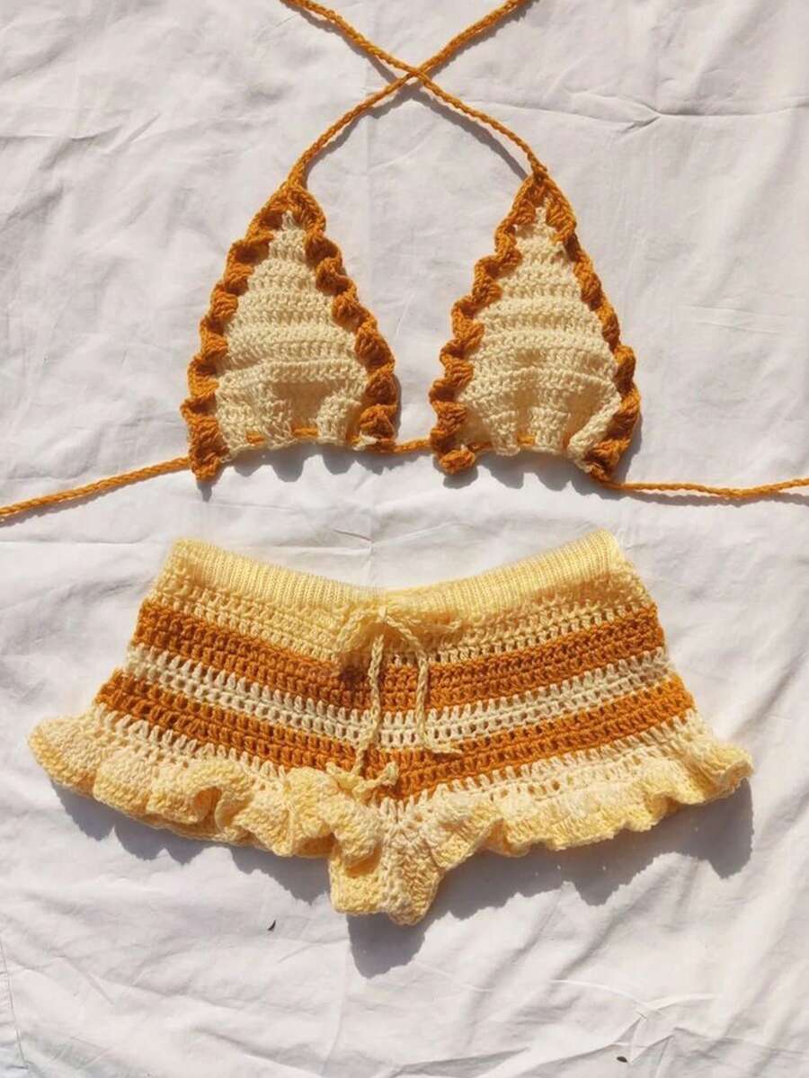 女士休闲可爱镂空露背针织短款上衣和裤子套装，时尚条纹纹理波西米亚风比基尼海滩街头装，波西米亚海滩度假约会派对沙滩装 - 黃色 - 查看 1