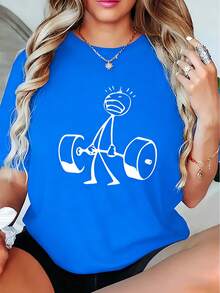 Funny Stick Figure Deadlift Graphic Cotton Tee Women Gym Workout Crew Neck Short Sleeve Loose Fit Black Humorous Fitness Casual Daily Top - 藍色 - 查看 1