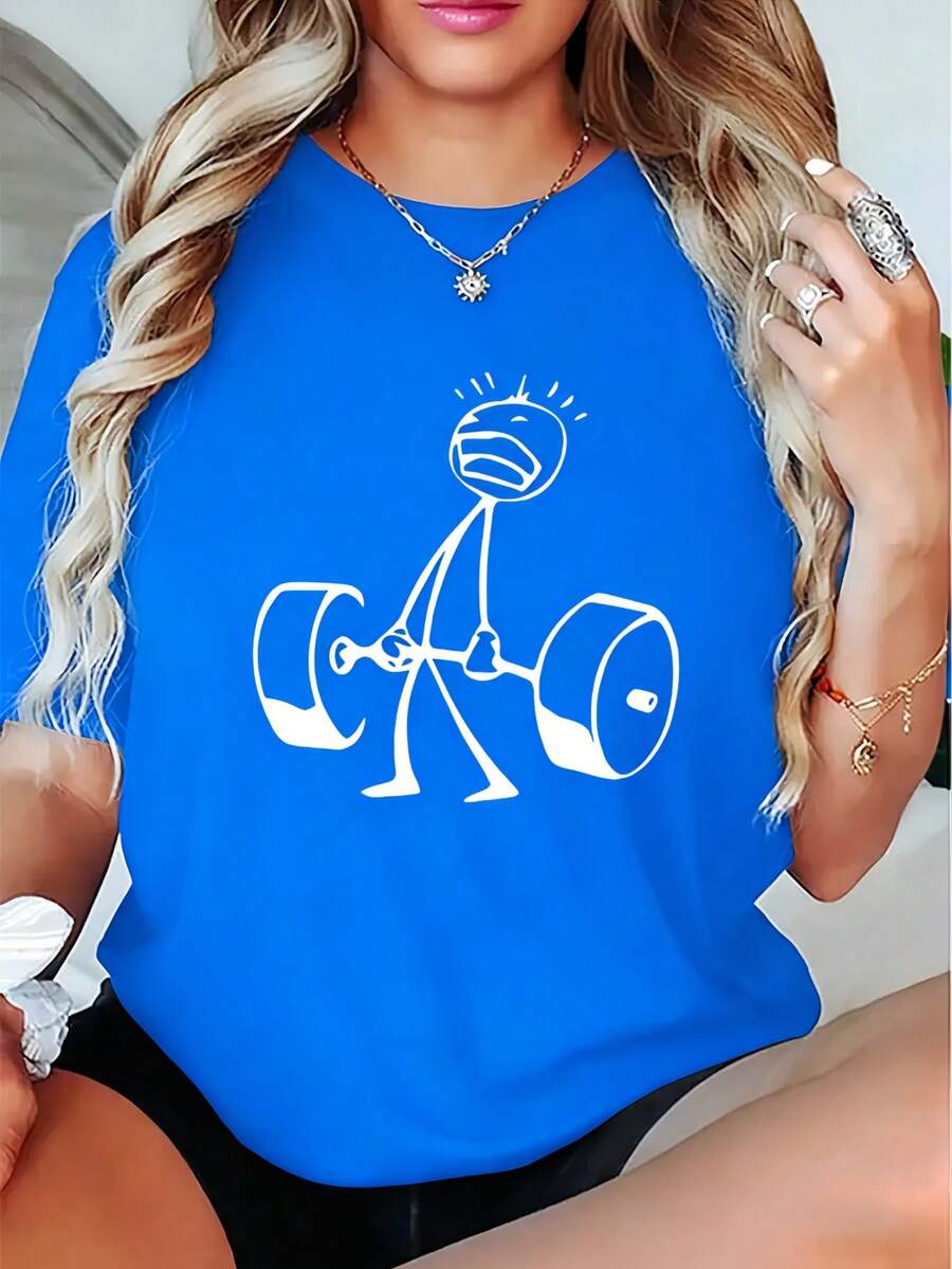 Funny Stick Figure Deadlift Graphic Cotton Tee Women Gym Workout Crew Neck Short Sleeve Loose Fit Black Humorous Fitness Casual Daily Top - 藍色 - 查看 1