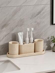 Bộ phụ kiện phòng tắm bằng nhựa kiểu trang trại hiện đại, gồm giá đựng bàn chải đánh răng, bình đựng xà phòng và cốc súc miệng (màu be đậm) - Màu trắng sữa - Xem 2