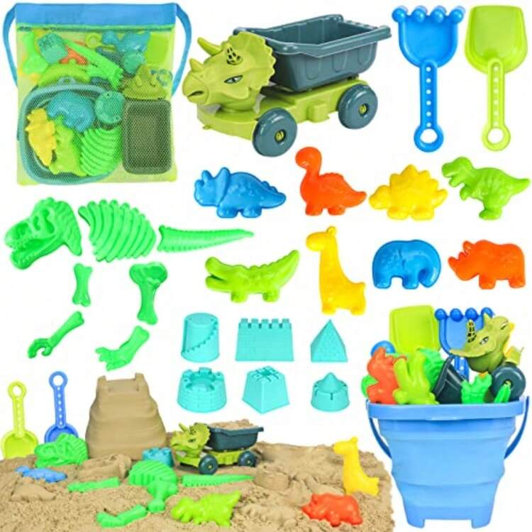 Beach Toys Dinosaur Sand Toys with Dump Truck and Collapsible Beach Bucket Shovel and Rake Mesh Bag Animal Dinosaur Sand Molds Sand Castle Toy Sandbox Toys for Toddlers Boys - como en la foto - Añade 8
