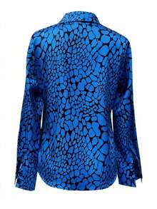 Camisa satinada sexy y seductora con estampado de piel de serpiente, diseño de nicho, ajuste delgado y versátil para primavera - Azul - Ver 3