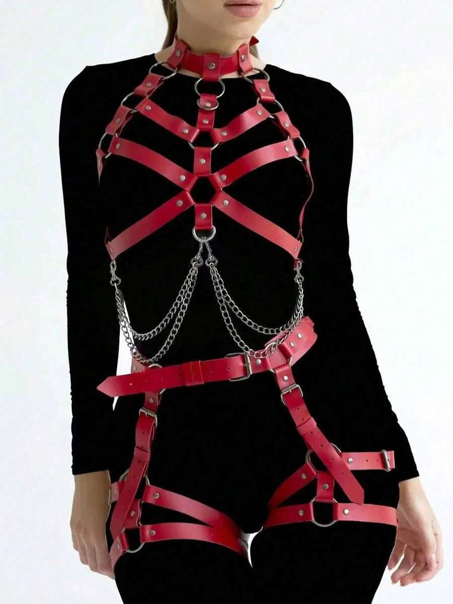 一套女士性感时尚束腰带、腰链、身体束缚带、吊袜带，哥特风格，适合节日和派对穿着