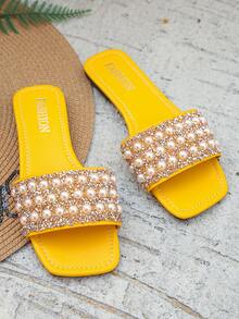 女士闪亮水钻装饰方头单带低跟平底凉鞋，时尚迷人，适合日常穿着、度假、夏季，银色 - 黃色 - 查看 7