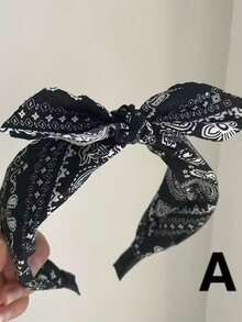 夏季新款简约复古时尚佩斯利蝴蝶结兔耳宽檐亮色布艺发箍头带女士发圈、假日旅行发带 - 彩色 - 查看 5