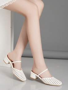 Giày sandal cao gót màu đen dành cho nữ, kiểu dáng thời trang với chi tiết đan rỗng và quai ngang, giày bít mũi hở gót thanh lịch cho phái nữ mùa hè. - trắng - Xem 3