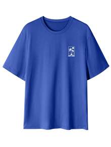 Men's Casual Coconut Tree Print Round Neck Short Sleeve T-Shirt, Versatile For Summer - Royal Blue - View 2
