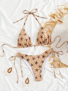 2026新款两件套性感休闲女士吊带系带海星印花泳衣，配有星星吊坠，侧边抽绳裤，中等弹力面料，适合度假、泳池活动、沙滩派对、夏季海滩等场合。 - 彩色 - 查看 10