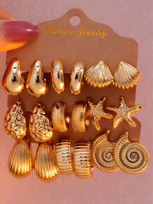 Set de 6/18 piezas de aretes con diseños de estrella de mar, concha, geométrico, gota de agua, caracol marino de CCB, adecuado para mujeres en la playa, vacaciones, fiestas y uso diario - Amarillo Oro - Ver 6