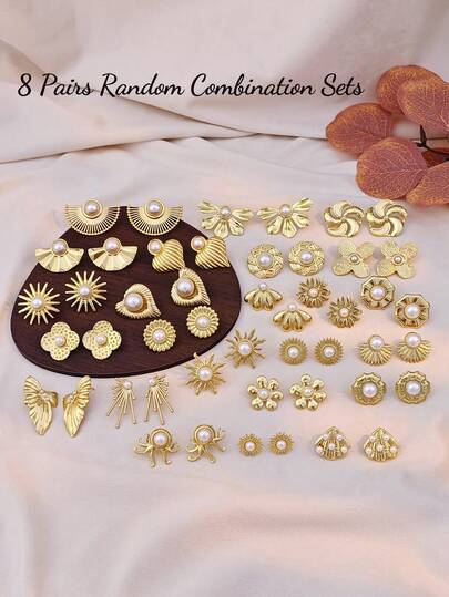 Bộ 8 đôi bông tai ngọc trai các loại, bông tai vàng, bông tai họa tiết tia nắng bất đối xứng, bông tai hình trái tim và vỏ sò, bông tai họa tiết quạt sọc, trang sức thép không gỉ thể hiện cá tính, trang sức cổ điển, phụ kiện đồ bơi mùa hè đi biển, phụ kiện trang phục hấp dẫn, phụ kiện váy cưới - Trang sức đa năng phù hợp cho bơi lội, tắm biển, tập thể dục.