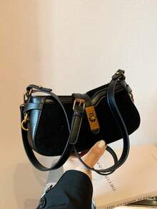 Fashionable Color Block Mini Handbag, Women's New Style Versatile Shoulder/Crossbody/Underarm Tote Bag - Black - View 3