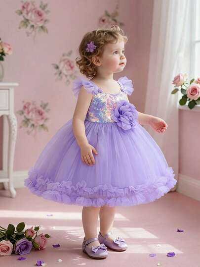可爱亮片拼接3D立体花朵公主裙，适合女宝宝一周岁生日派对庆祝，不含发箍