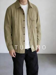 Tucano Camisa abotonada con textura arrugada de color oliva estilo "Old Money" para hombre, casual de negocios, de manga larga tipo sobrecamisa con bolsillo en el pecho, para oficina y uso diario refinado - Caqui - Ver 3