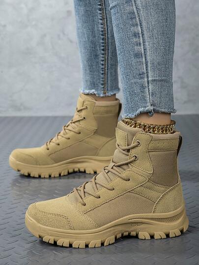 1 Pair Women's High-Top Tactical Boots | Side Zipper + Lace-Up Design | Fabric Patchwork Upper | Durable Rubber Outsole | Military Style Workwear Hiking Boots | Multiple Colors Available | Comfortable For All Seasons, Suitable For Outdoor Adventure, Combat Training And Daily Commute