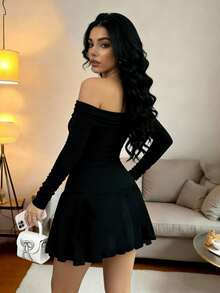 el mejor regalo para el Día de la Madre:Vestido largo de manga larga holgado de un solo color y ajustado para mujer - Negro - Ver 2
