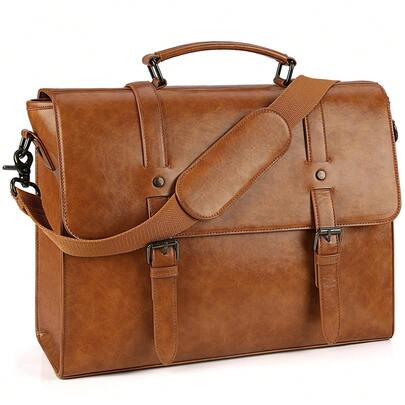 NEWHEY حقيبة جلد بني فاخرة مقاس 15.6 بوصة مع حزام كتف قابل للتعديل وتفاصيل إبزيم