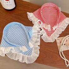 3pcs Bandana, Headband & Hair Clip Set, Ruffled Plaid Headband, Sweet & Cute Countryside Style Girl Photo Props - Red - View 9
