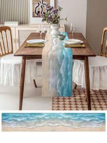 1 pieza Camino de mesa impreso con onda degradada, estilo de resort de playa con onda y arena, camino de mesa rectangular de lino para uso diario, boda, fiesta, adecuado para mesa de comedor, gabinete, sala de estar - Celeste - Ver 6