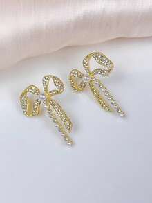 1 Đôi bông tai mặt dây chuyền hình nơ thanh lịch, thích hợp cho phụ nữ đeo hàng ngày, dự tiệc và du lịch, làm quà tặng trang sức. - Vàng - Xem 1