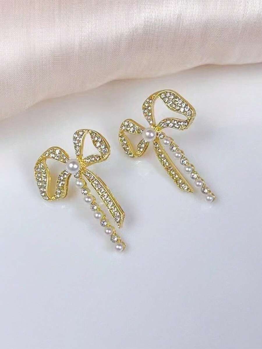 1 Đôi bông tai mặt dây chuyền hình nơ thanh lịch, thích hợp cho phụ nữ đeo hàng ngày, dự tiệc và du lịch, làm quà tặng trang sức. - Vàng - Xem 1