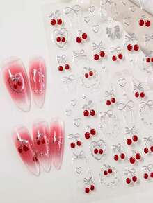 1 Sheet 5D Embossed Cherry Bow Nail Art Sticker Flat Adhesive Versatile Strawberry Bow DIY Nail Sticker Accessories - Multicolor - View 2