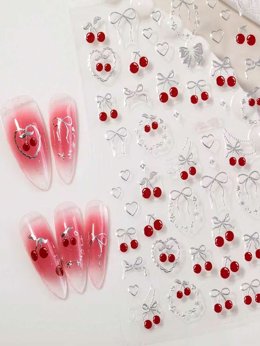 1 Sheet 5D Embossed Cherry Bow Nail Art Sticker Flat Adhesive Versatile Strawberry Bow DIY Nail Sticker Accessories