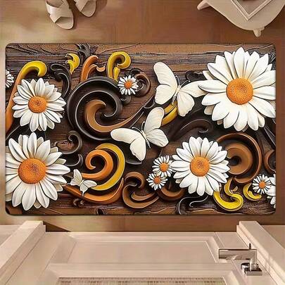 1pc White Daisy Chocolate Color Creative Doormat, Small Rug, Welcome Mat, Carpet, Floor Mat, Outdoor Doormat, Kitchen Rug, Home Decor, Front Door Mat, Area Small Rug, Outdoor Mat, Home Decor, Area Rug, Garden Rug, Washable Carpet