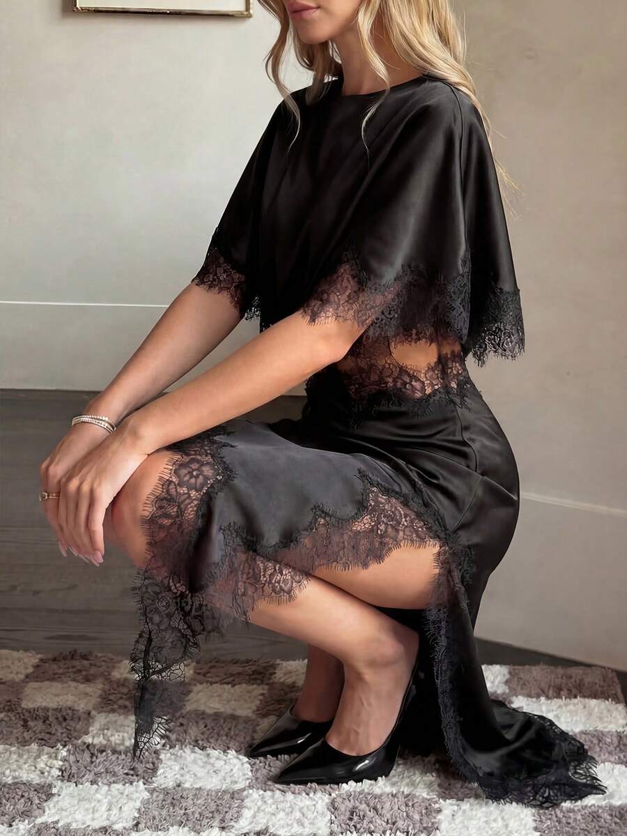 Women's Elegant Black Lace Satin Mini Dress | Asymmetric Hem Slit Batwing Neckline - Suitable For Parties, Cocktail Events, Spring/Summer Wear - Black - View 1