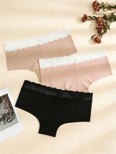 3pcs Women's Sexy Lace Patchwork Breathable Stretchy Bikini Panties, Ladies Underwear