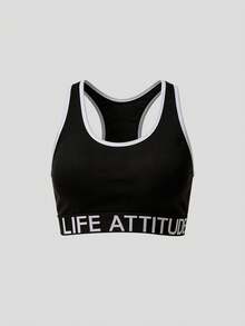 Contrast Color Letter Print Full Coverage Seamless Casual Wireless Cotton Bralette Camisole For Women - Black - View 6