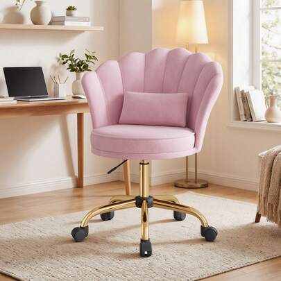 Nalupatio Office Chair Vanity Swivel Chair, Petal Backrest Design With Velvet Padding Pillow, Multiple Colours Available, Adjustable Height For Home Office, Study, Bedroom, 120kg Load Capacity, Ergonomic High Backrest With Integrated Headrest, Padded Armrests, Waterfall Seat Cushion, SGS Certified Components, Sturdy Base With Smooth Wheels, High-Density Memory Foam, Easy Assembly, Luxurious Velvet Upholstery