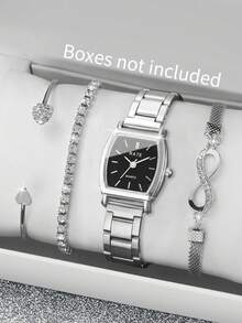 Bộ 4 chiếc đồng hồ nữ thời trang thường ngày mặt hình thùng thanh lịch, máy quartz, kèm dây đeo, không kèm hộp đựng đồng hồ. - Bạc - Xem 2