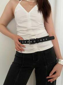 1pc Women's Black PU Leather Casual Personalized Eyelet Design Versatile Belt - Black - View 2